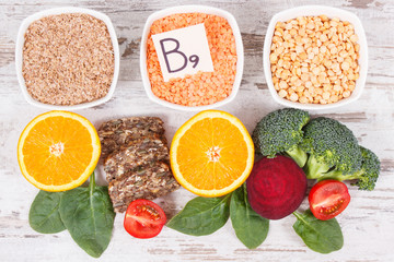 Nutritious ingredients containing vitamin B9, natural minerals and folic acid, healthy nutrition concept