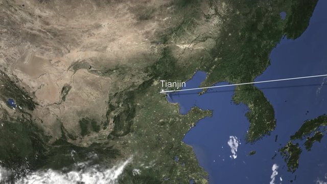 Airplane flying to Tianjin, China on the map, 3D animation 