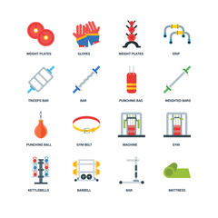 Set Of 16 icons such as Mattress, Bar, Barbell, Kettlebells, Gym, Weight plates, Triceps bar, Punching ball, bag icon