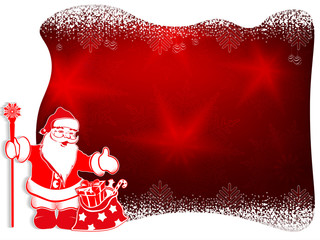 Christmas design with a white curly frame, Santa Claus with a bag and graceful snowflakes.