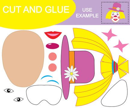 Create the image of face of girl clown using scissors and glue. Paper game for children. Vector illustration