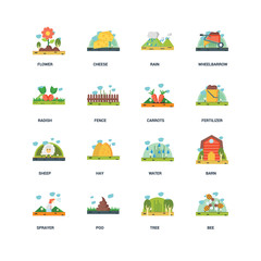 Set Of 16 icons such as Bee, Tree, Poo, Sprayer, Barn, Flower, Radish, Sheep, Carrots icon