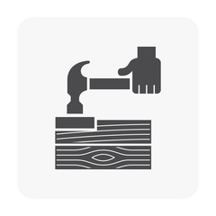 Obraz premium Wood floor installation and tool or equipment vector icon. Consist of hammer, tapping block, wood floor and carpenter. To improvement, repair, renovation or construction of wooden floor.