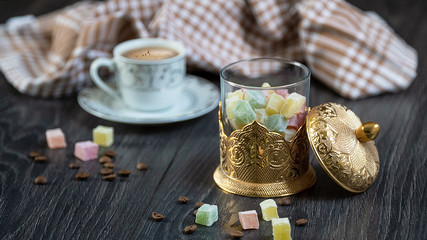 Traditional Turkish delights and Turkish coffee on the table