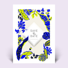 Colorful botanical invitation card template design, hand drawn tropical plants in blue, dark blue and yellow tones