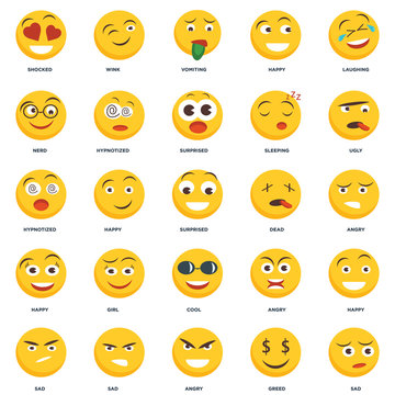 Set Of 25 icons such as Sad, Greed, Angry, Ugly, Dead, Cool, Happy, Nerd, Vomiting, Wink icon