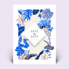 Colorful botanical invitation card template design, hand drawn tropical plants in blue, purple and light red tones