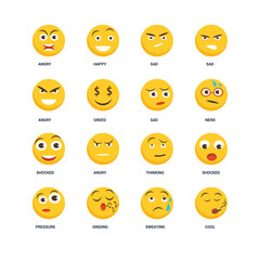 Set Of 16 icons such as Cool, Sweating, Singing, Pressure, Shocked, Angry, Sad icon