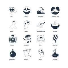 Set Of 16 icons such as Potions, ghost, Ghosts, Chain Ball, Lollypop, Owl, Ghost, Poison, Skull and Bone icon