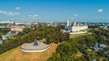 Vladimir city, Russia. Aerial view of the observation deck of Pushkin Park and the Assumption...