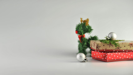 Gift box and christmas ball ornament on white background. Christmas background Collection.