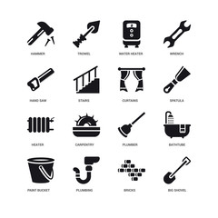 Simple Set of 16 Vector Icon. Contains such Icons as Big Shovel, Stairs, Hammer, undefined, Bathtube, Carpentry, Trowel. Editable Stroke pixel perfect