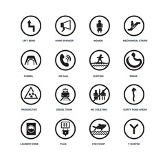 Set Of 16 icons such as Y shaped intersection, Fish shop, Plug, Laundry zone, Curvy Road Ahead, Left Bend, Tunnel, Radioactive, Surfing icon