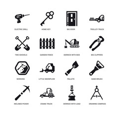 Simple Set of 16 Vector Icon. Contains such Icons as Drawing Compass, Garden Fence, Electric Drill, undefined, Sand Brush, Little Snowplow, Home Key. Editable Stroke pixel perfect