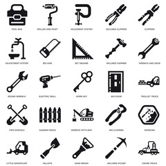 Simple Set of 25 Vector Icon. Contains such Icons as Crane Truck, Trolley Wrench and Gear, Roller Paint, Little Snowplow, Big Saw, Clippers, Round Wrench. Editable Stroke pixel perfect