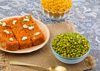 Indian Namkeen Snack Food Masala Green Peas Also Know as Spicy Green Peas, Masala Matar, Hara Matar, Masala Vatana, Spiced Fried Green Peas or Chatpata Matar Serve in Bowl