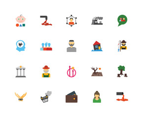 Set Of 20 icons such as Pollution, Woman, Payment method, Accident, Kidnapping, Social media, Flood, Growth, Banking, Leadership, Skills, icon pack