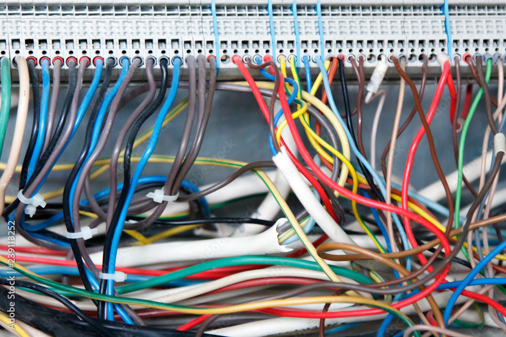 Poster closeup of colored electrical wires. front view. electronic board connections.electrical wiring. for