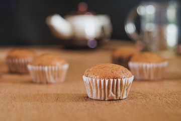 Bakery fresh banana cup cake hot from oven , home made food.