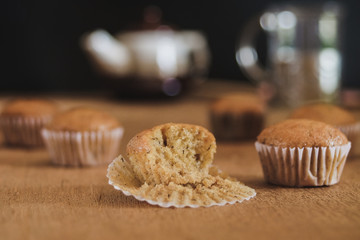 Bakery fresh banana cup cake hot from oven , home made food.
