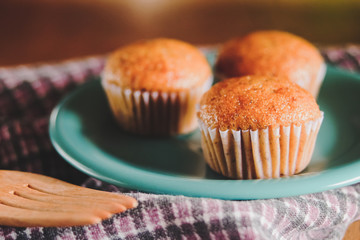 Bakery fresh banana cup cake hot from oven , home made food.