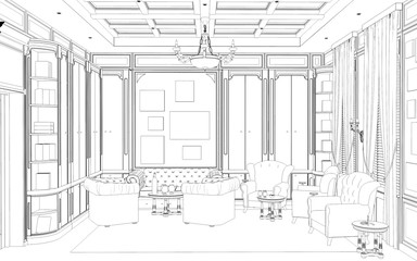 cigar room, smoking lounge, contour visualization, 3D illustration, sketch, outline
