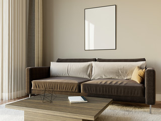 Modern living room interior with a armchair, sofa, lamp, 3d render