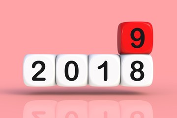 Christmas and Happy New Year 2019 concept with dice, 3D rendering isolated on pink background.