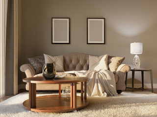 Modern living room interior with a armchair, sofa, lamp, 3d render