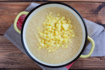 Step by Step Cooking Kulesh, Step 5 - Adding Potato Soup, Top View, Horizontal