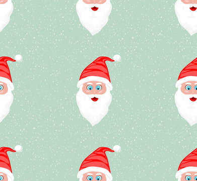 High Resolution illustration seamless pattern of Santa Claus face against snow flakes light blue background Merry Christmas and New Year Winter season greeting