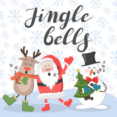Jingle bells. Santa, deer and snowman