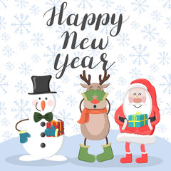 Happy New Year. Santa, deer and snowman
