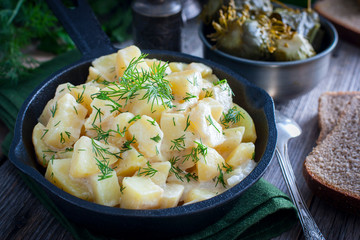 young potatoes cooked in sour cream in a cast iron pan, horizontal