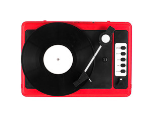 red record player on white background
