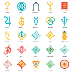 Simple Set of 25 Vector Icon. Contains such Icons as Sun, Cancer, Eye, Esoteric, Scorpion, Neptune, Taurus, Pisces, Om, Jupiter, Horseshoe, Earth. Editable Stroke pixel perfect