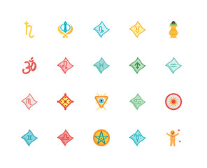 Simple Set of 20 Vector Icon. Contains such Icons as Voodoo doll, Aries, Pentagram, Libra, Gemini, Kumbh kalash, Sagittarius, Eye, Scorpion, Leo, Capricorn. Editable Stroke pixel perfect