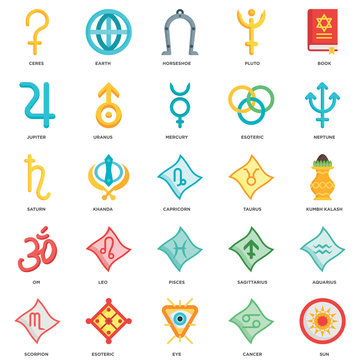 Simple Set of 25 Vector Icon. Contains such Icons as Sun, Cancer, Eye, Esoteric, Scorpion, Neptune, Taurus, Pisces, Om, Jupiter, Horseshoe, Earth. Editable Stroke pixel perfect