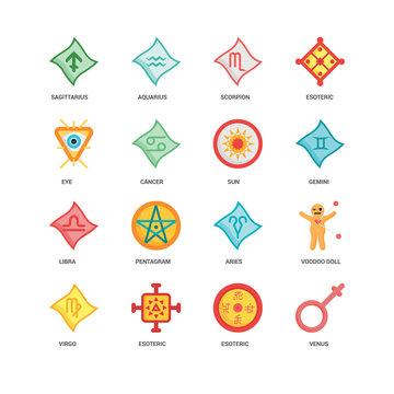 Simple Set of 16 Vector Icon. Contains such Icons as Venus, Esoteric, Virgo, Voodoo doll, Sagittarius, Eye, Libra, Sun, undefined, undefined. Editable Stroke pixel perfect