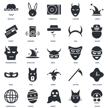 Set Of 25 icons such as Police, Cat, Ghost, Mummy, Mirror ball, Sailor, Mask, Joker, Ticket, Turntable, Rabbit icon