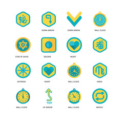Simple Set of 16 Vector Icon. Contains such Icons as Repeat, Wall clock, Up arrow, Virgo, , Star david, Asterisk, Heart, undefined, undefined. Editable Stroke pixel perfect