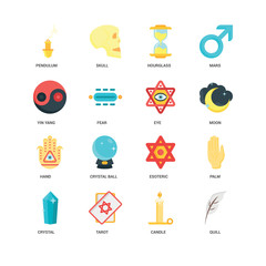 Simple Set of 16 Vector Icon. Contains such Icons as Quill, Candle, Tarot, Crystal, Palm, Pendulum, Yin yang, Hand, Eye, undefined, undefined. Editable Stroke pixel perfect