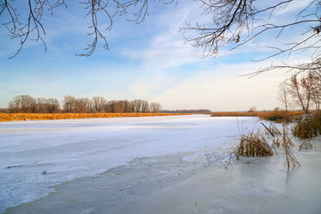 Frozen river, forest in the distance, dry sedge and blue cloudy sky