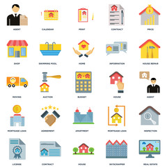 Set Of 25 icons such as Real estate, Skyscrapper, House, Contract, License, House repair, Apartment, Mortgage loan, Shop, print, Calendar icon