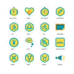 Simple Set of 16 Vector Icon. Contains such Icons as Volume, Taurus, Aries, Gemini, Double arrow, Wall clock, Om, Baby, Leo, undefined, undefined. Editable Stroke pixel perfect