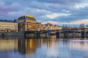 beautiful view on Colorful fireworks over Charles bridge and the river Vltava. The historical center of Prague. The Czech Republic 2018 New year.