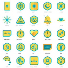 Simple Set of 25 Vector Icon. Contains such Icons as Aries, Gemini, Double arrow, Scorpio, Chat, Heart, Wall clock, Leo, Om, Asterisk, Stop, Dharma. Editable Stroke pixel perfect