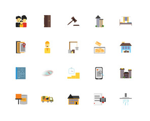 Set Of 20 icons such as Shower, Taxes, House, Moving truck, Paint, Bedroom, Mailbox, Mortgage, print, Worker, Auction, icon pack