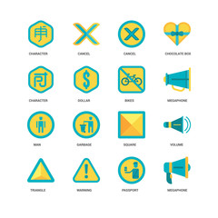 Simple Set of 16 Vector Icon. Contains such Icons as Megaphone, Passport, Warning, Triangle, Volume, Character, Man, Bikes, undefined, undefined. Editable Stroke pixel perfect
