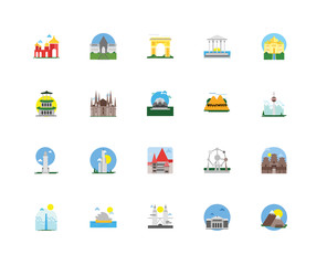 Set Of 20 icons such as Mount fuji, Cn tower, Taj mahal, Parthenon, The shard, Auschwitz, Atomium, Pagoda, icon pack